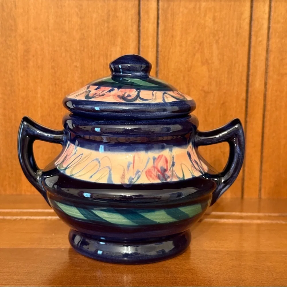 Gail Pittman Sugar Bowl Hand Painted Covered with Handles EUC